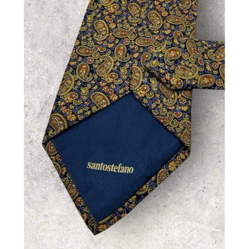 SANTOSTEFANO Silk Tie ITALY Blue Gold Brown Paisley Floral W:4" EUC - Picture 5 of 6